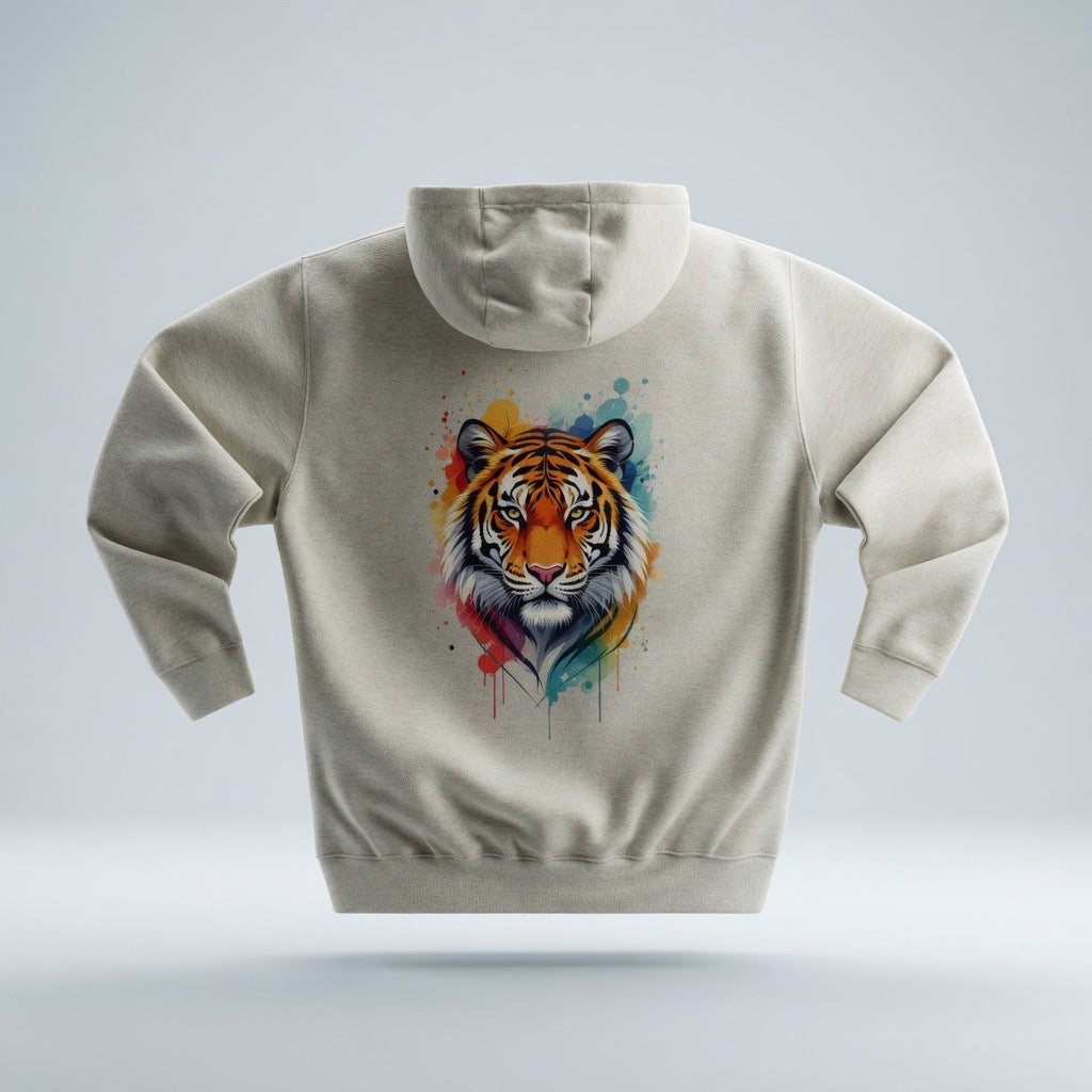 Tiger Watercolor Hoodie — Colorful Drip Animal Graphic Fleece Hoodie