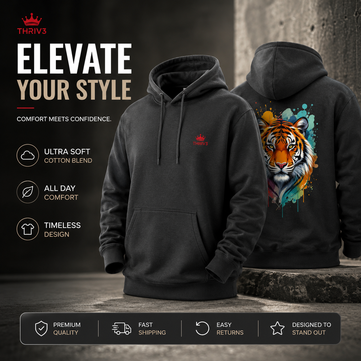 Tiger Watercolor Hoodie — Colorful Drip Animal Graphic Fleece Hoodie