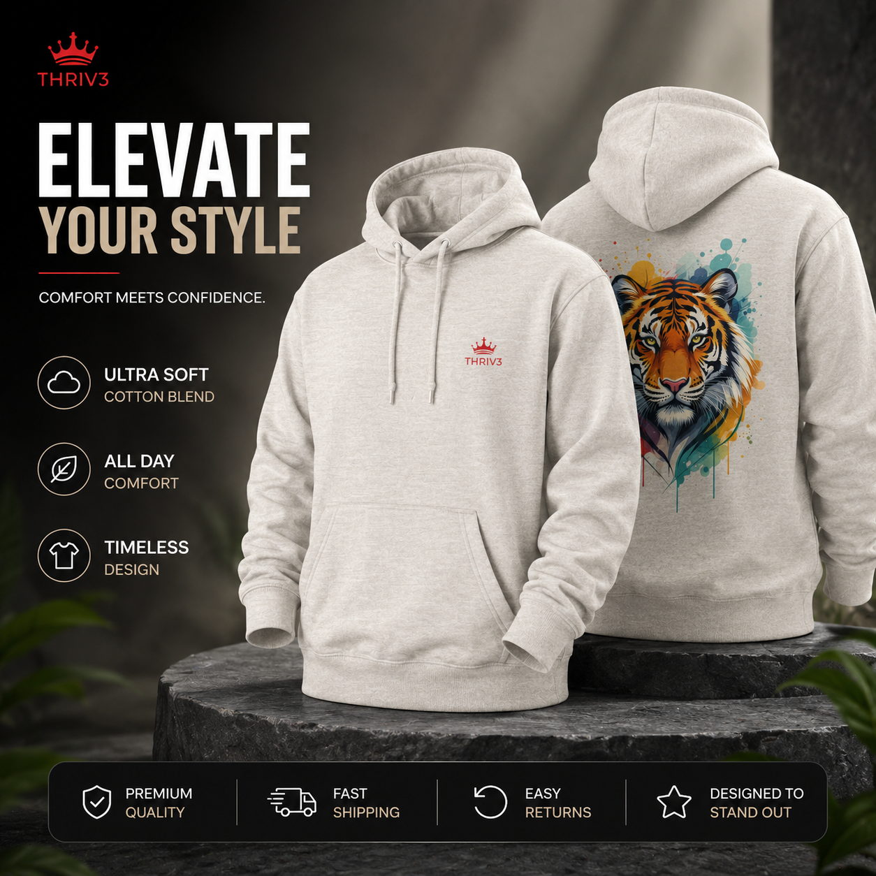 Tiger Watercolor Hoodie — Colorful Drip Animal Graphic Fleece Hoodie