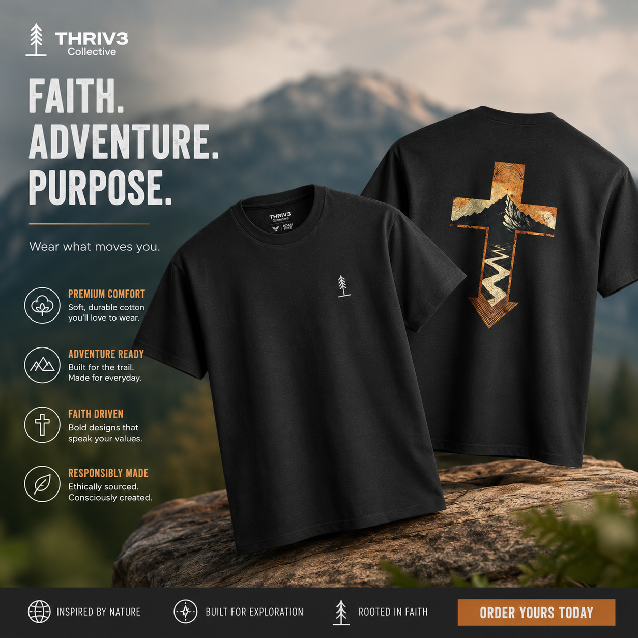 Cross & Mountain Tee — Rustic Christian Graphic T-Shirt