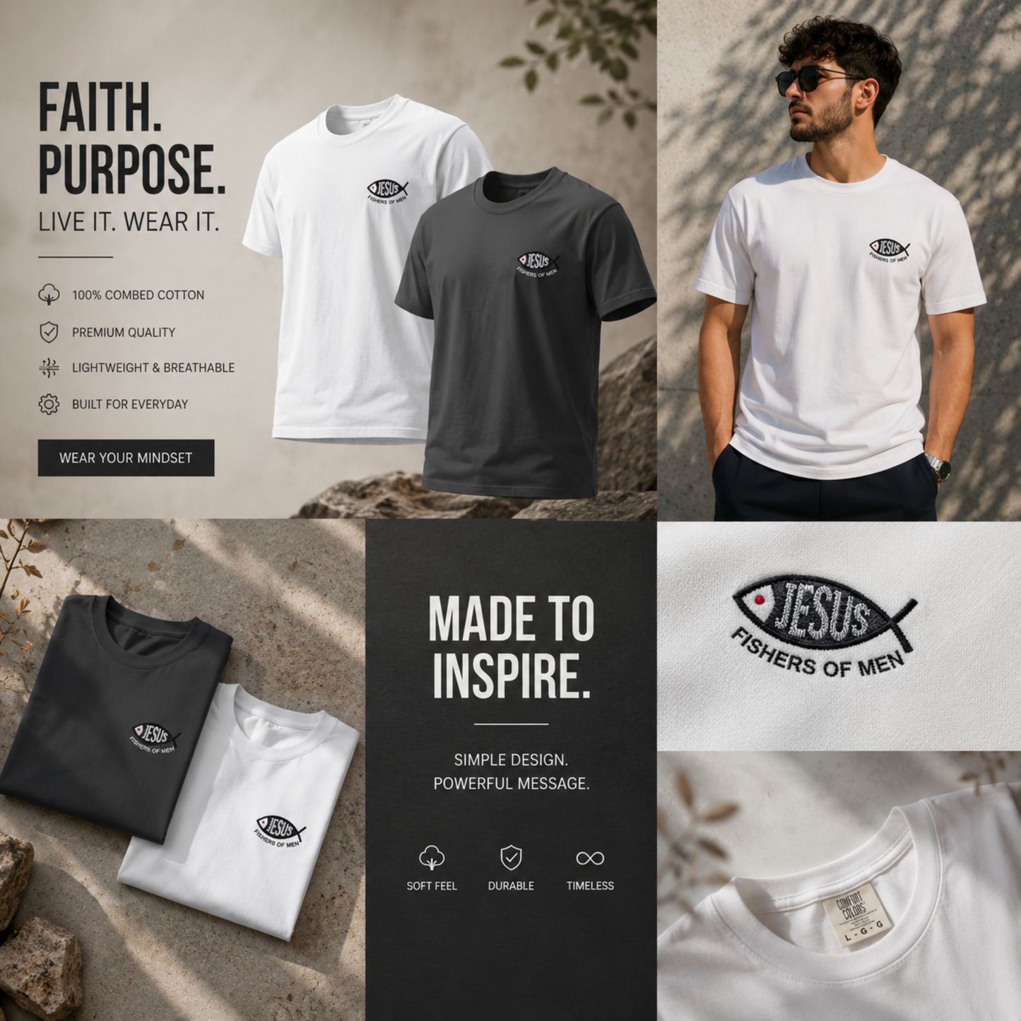 Embroidered Ichthys Jesus Fish T-Shirt with Fishers of Men | Christian Faith Symbol Unisex Tee