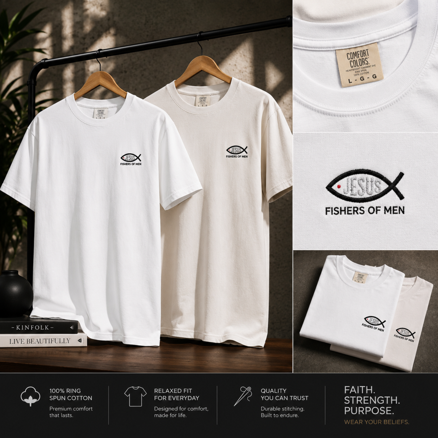 Embroidered Ichthys Jesus Fish T-Shirt with Fishers of Men | Christian Faith Symbol Unisex Tee