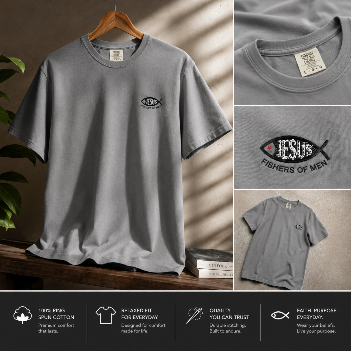 Embroidered Ichthys Jesus Fish T-Shirt with Fishers of Men | Christian Faith Symbol Unisex Tee