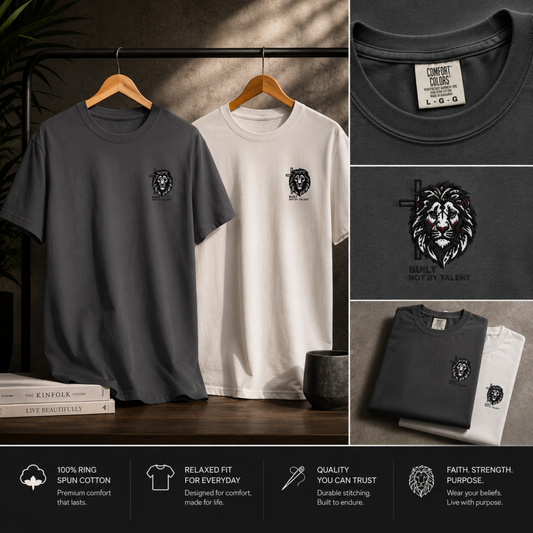 Lion Crest Graphic Tee — Small Chest Emblem, Minimalist Animal T-Shirt (Embroidery)