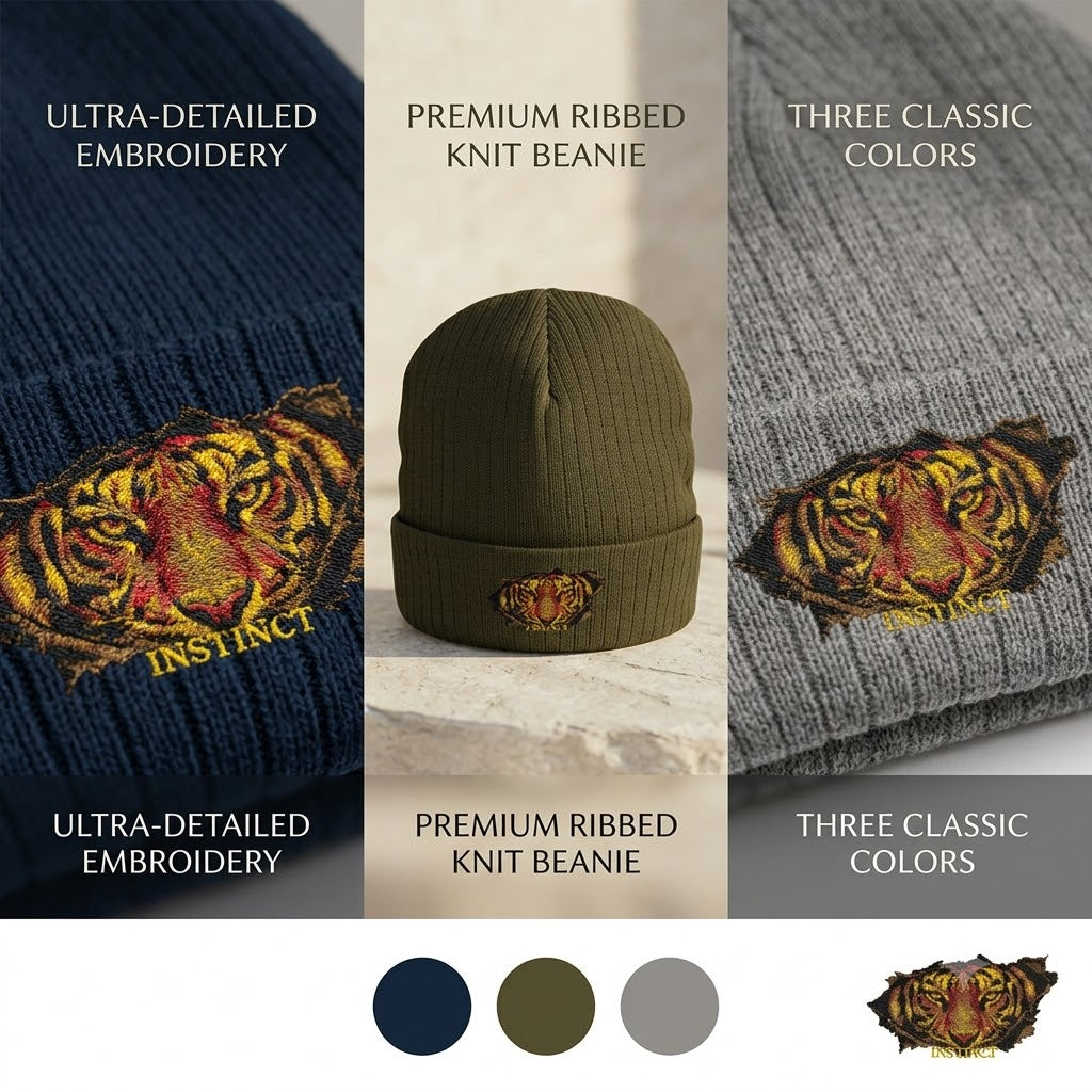 Embroidered Lion Crest Ribbed Beanie