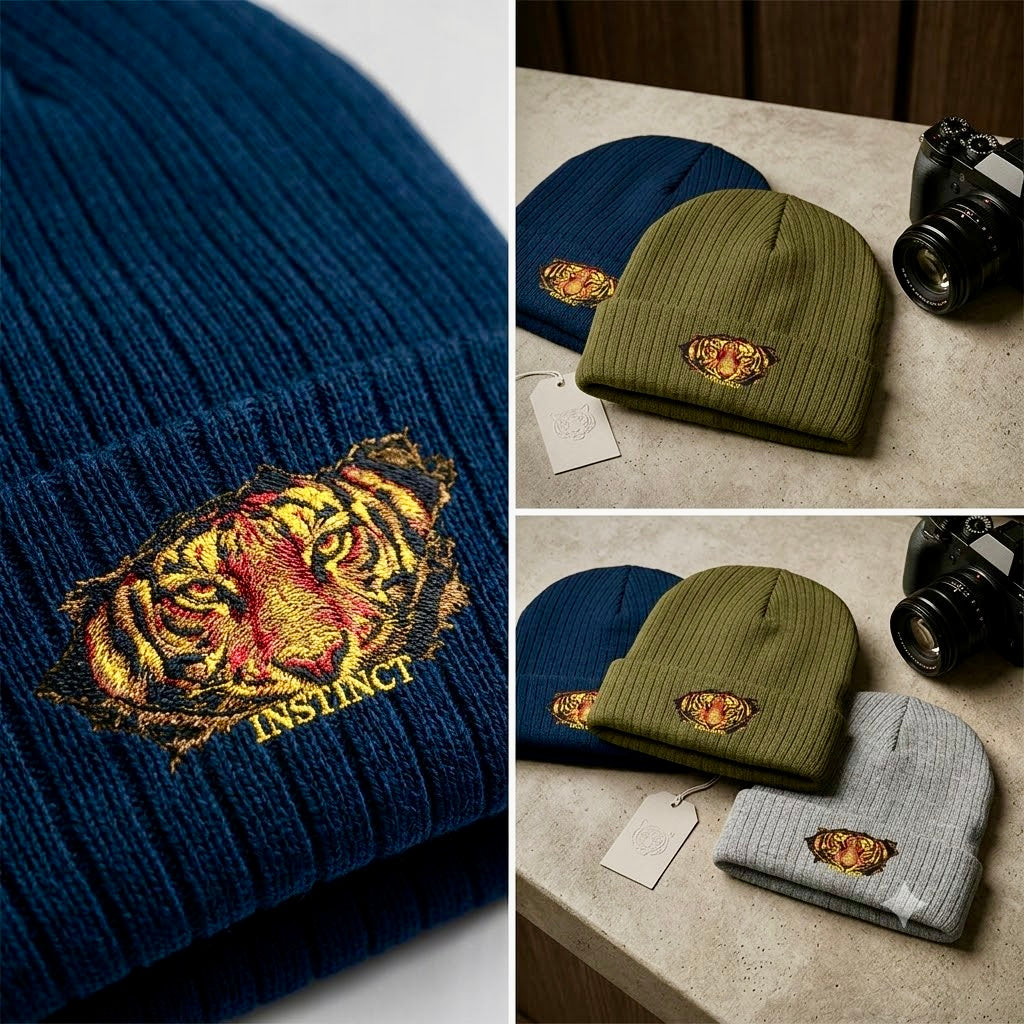 Embroidered Lion Crest Ribbed Beanie