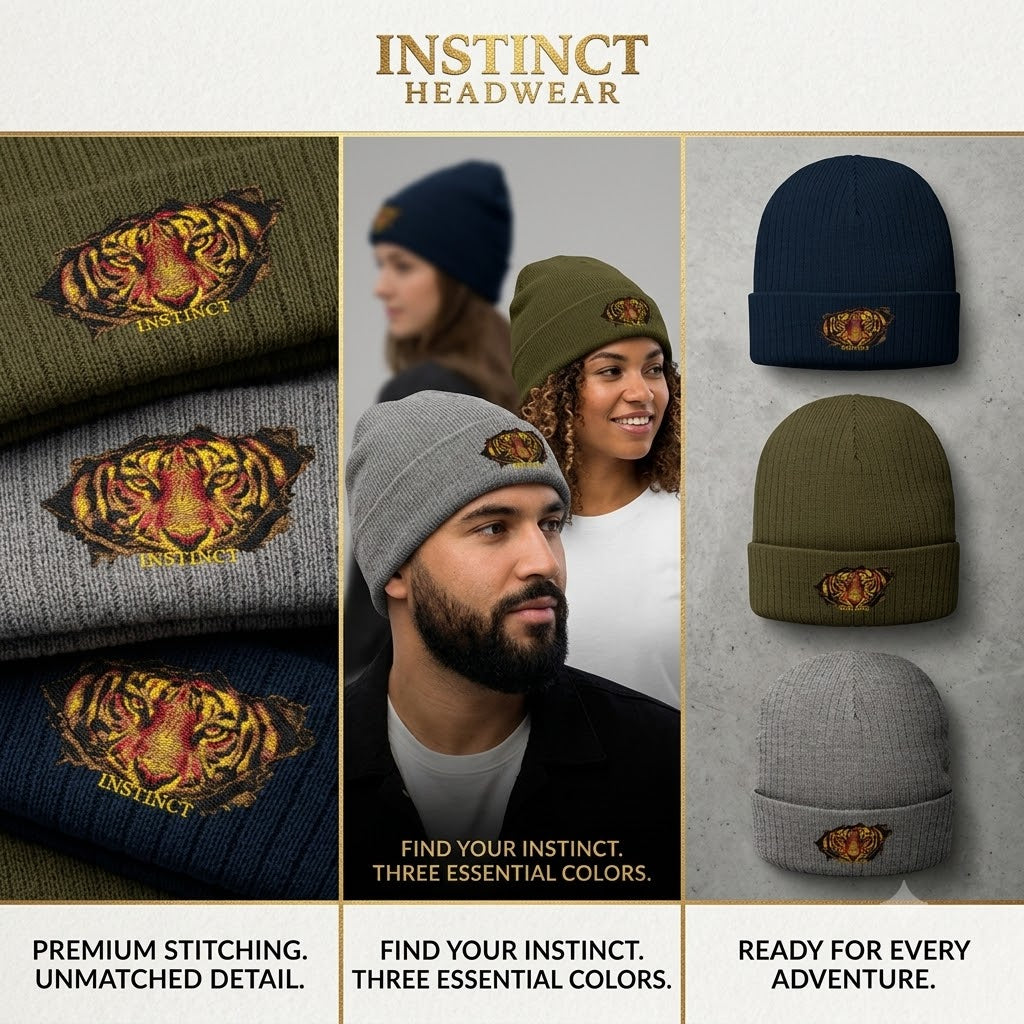 Embroidered Lion Crest Ribbed Beanie