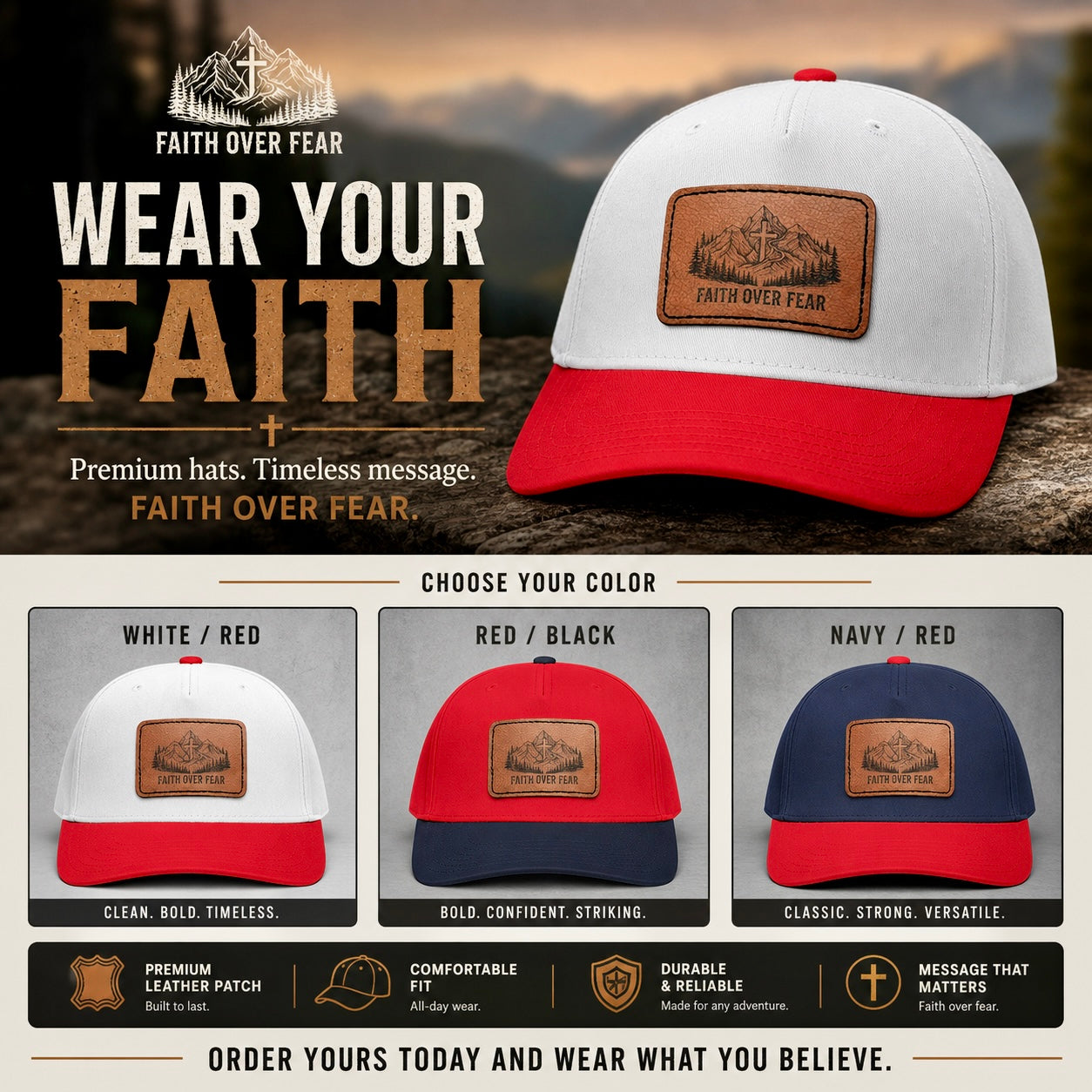 Faith Over Fear Leather Patch Baseball Cap