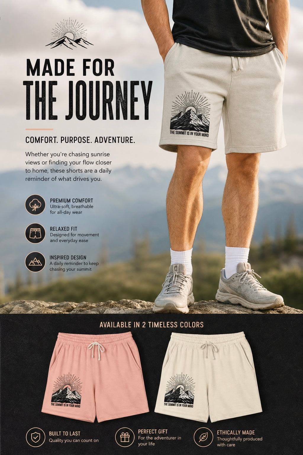 Mountain Sunrise Sweat Shorts — "The Summit Is In Your Mind"