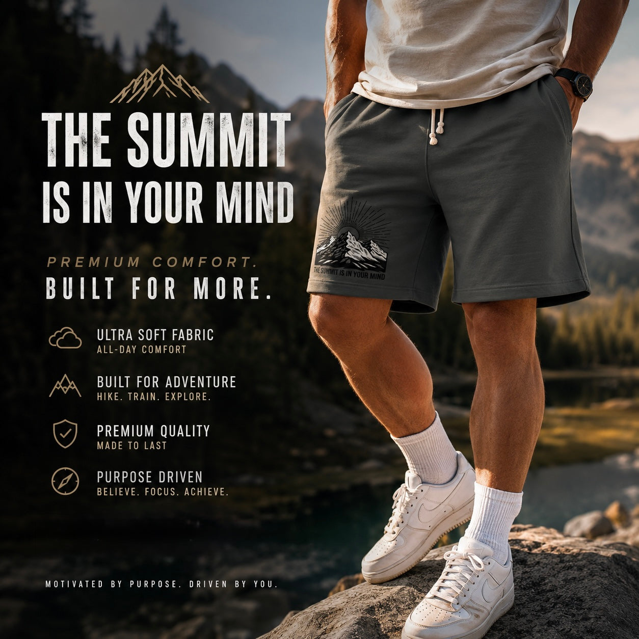 Mountain Sunrise Sweat Shorts — "The Summit Is In Your Mind"