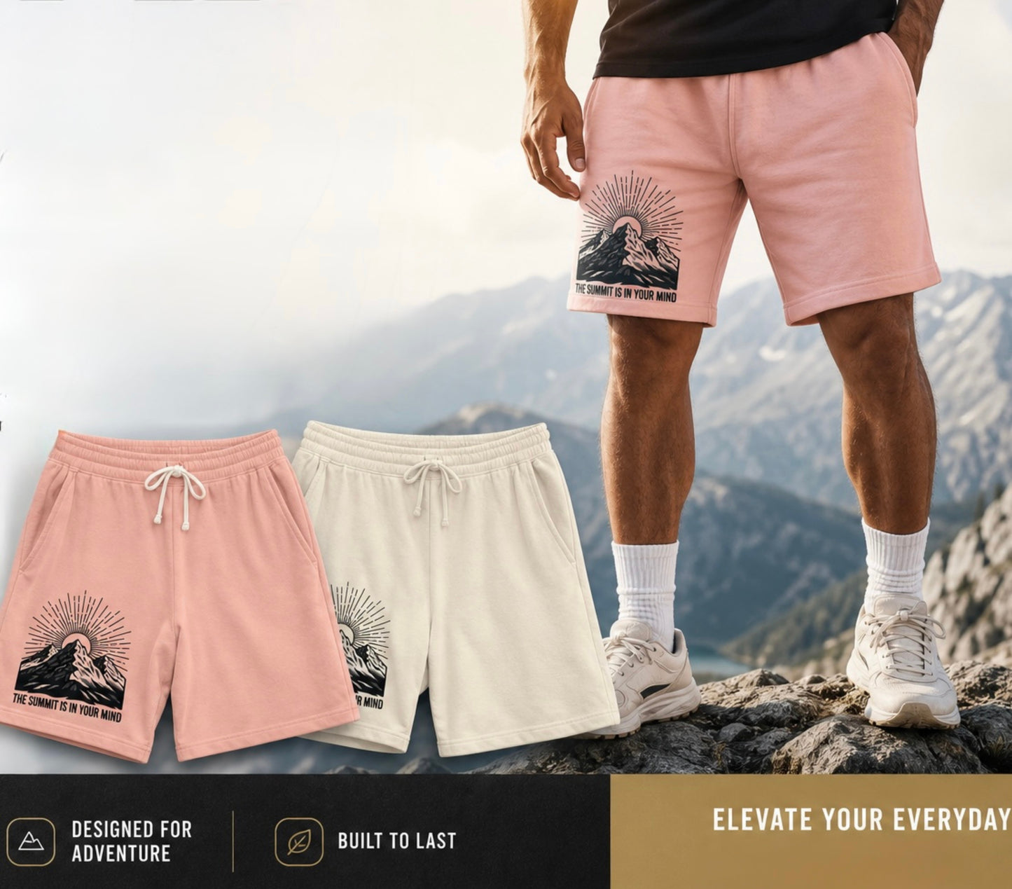Mountain Sunrise Sweat Shorts — "The Summit Is In Your Mind"