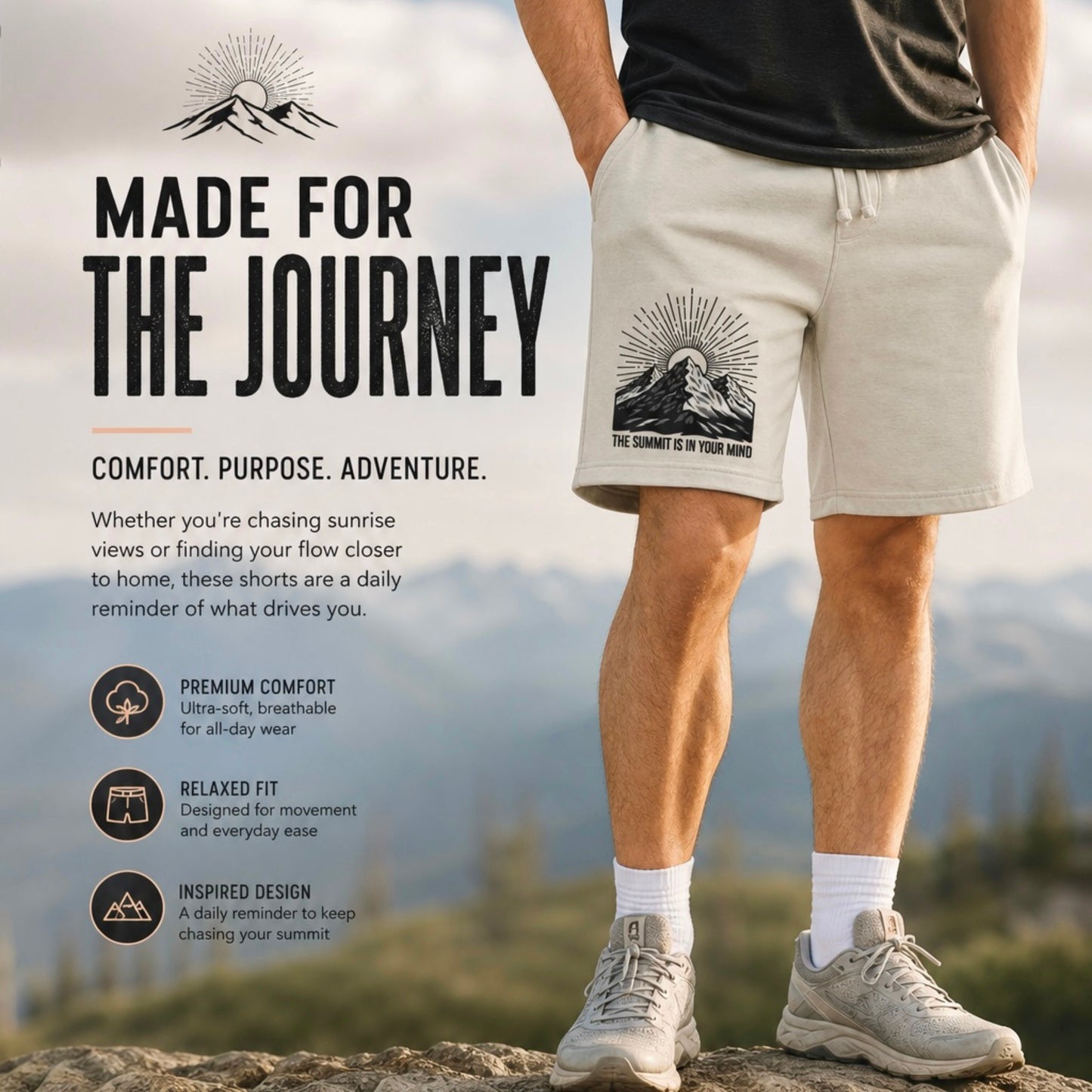 Mountain Sunrise Sweat Shorts — "The Summit Is In Your Mind"