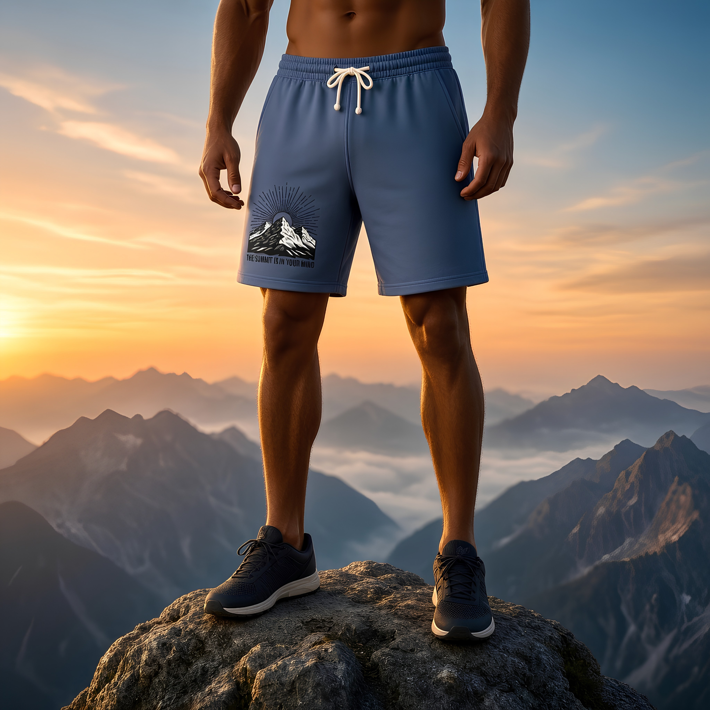 Mountain Sunrise Sweat Shorts — "The Summit Is In Your Mind"