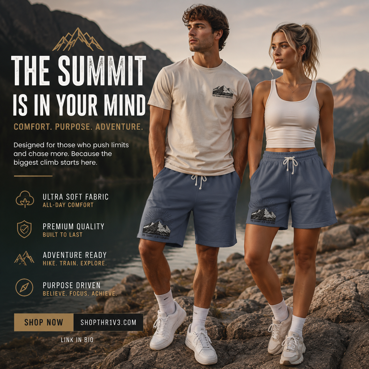 Mountain Sunrise Sweat Shorts — "The Summit Is In Your Mind"