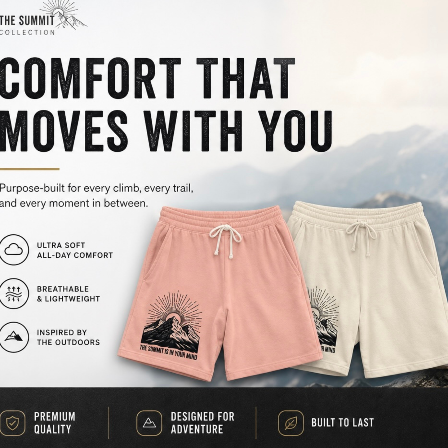 Mountain Sunrise Sweat Shorts — "The Summit Is In Your Mind"