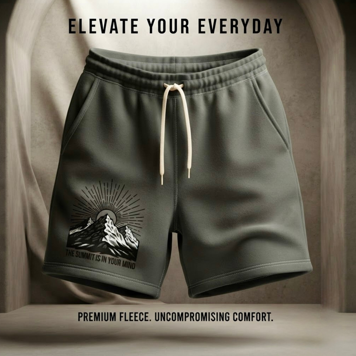 Mountain Sunrise Sweat Shorts — "The Summit Is In Your Mind"
