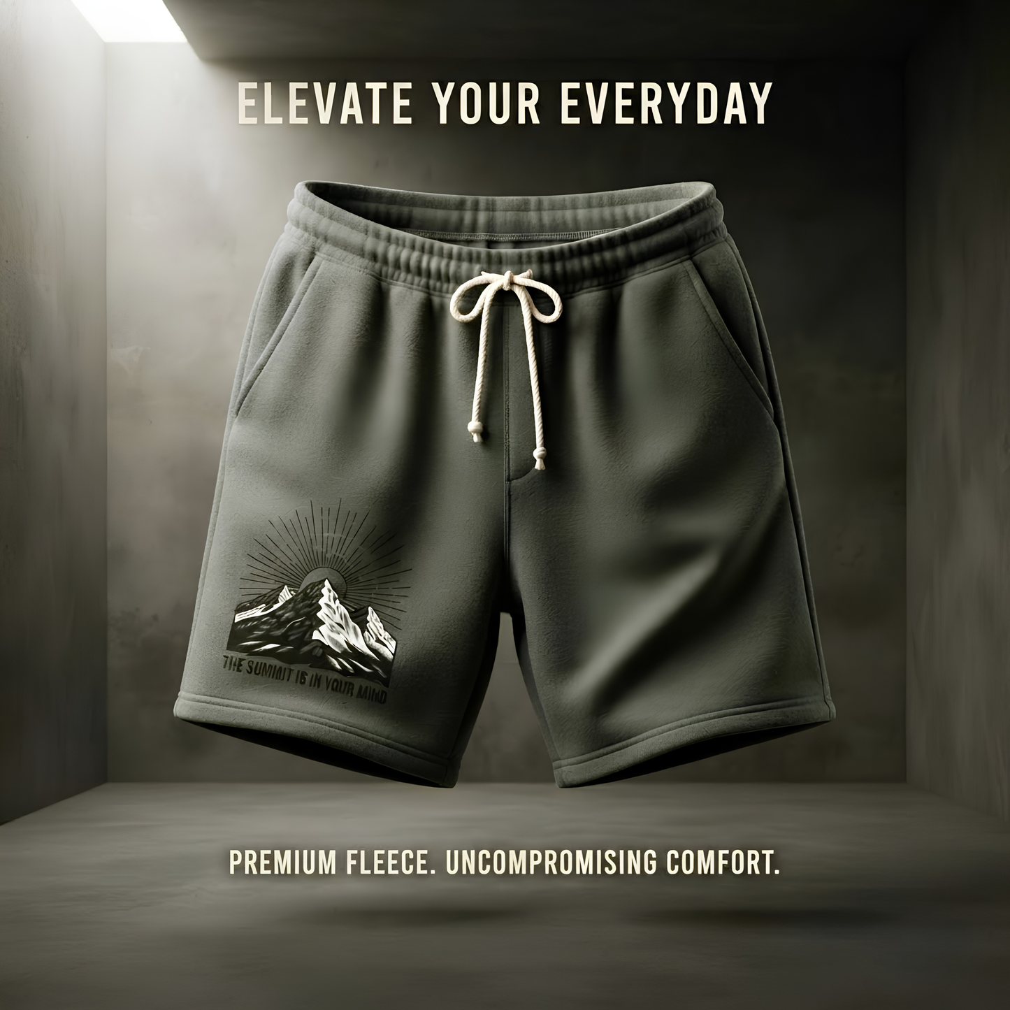 Mountain Sunrise Sweat Shorts — "The Summit Is In Your Mind"