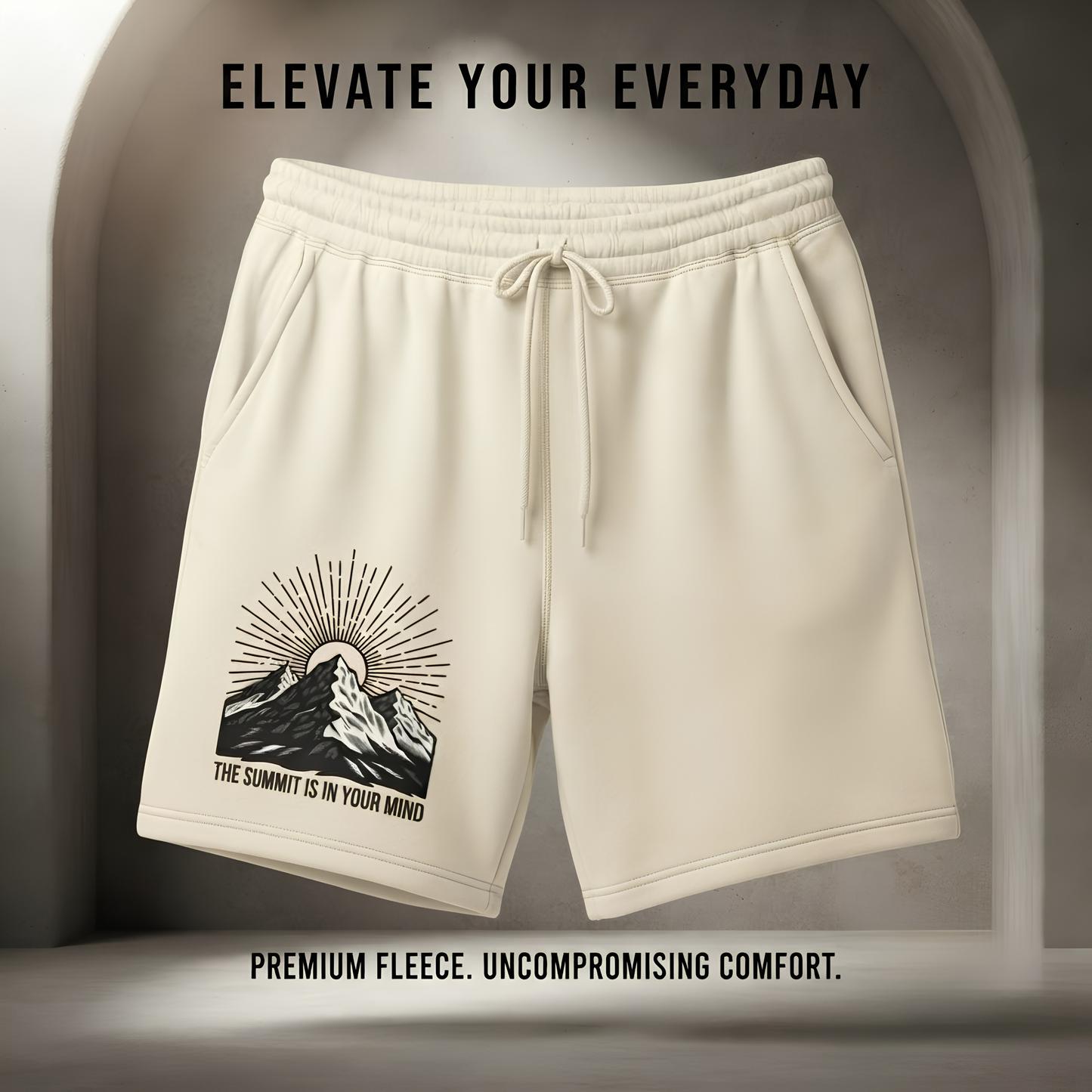 Mountain Sunrise Sweat Shorts — "The Summit Is In Your Mind"