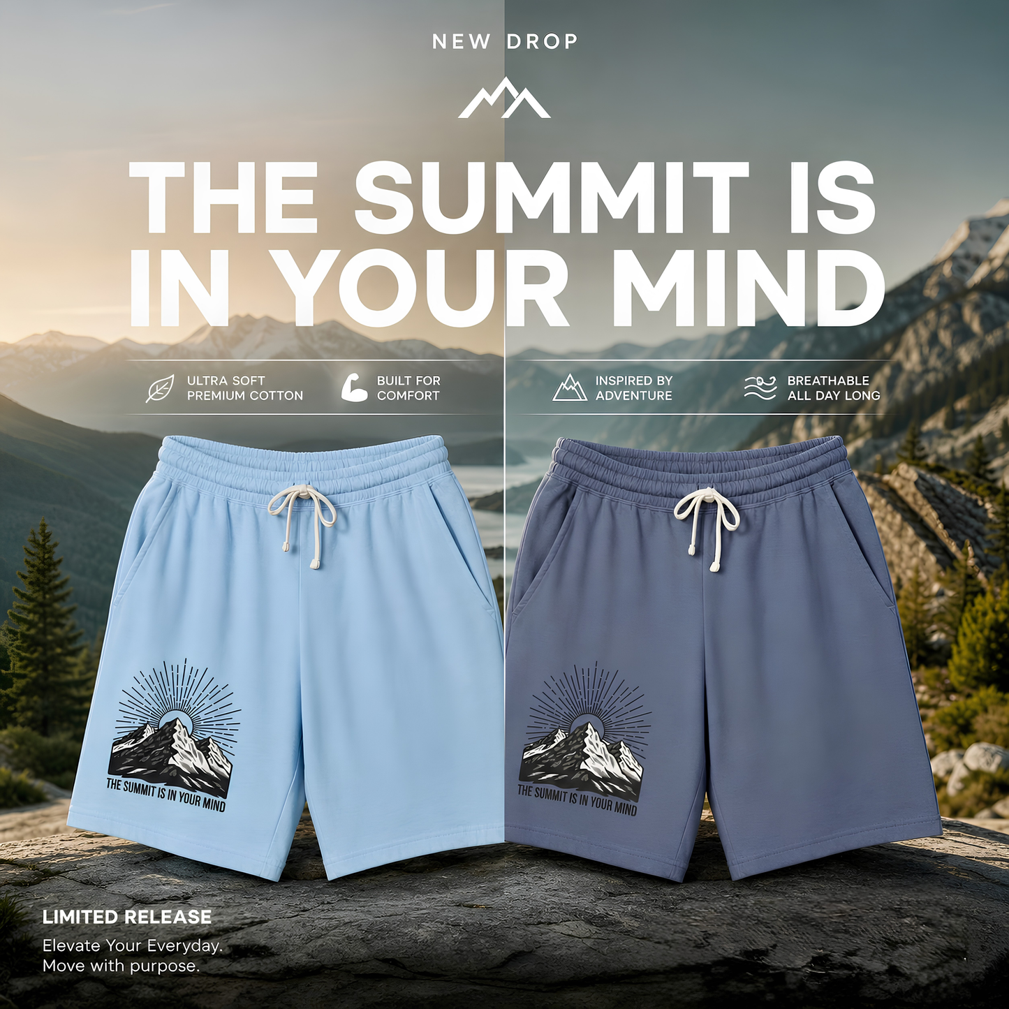 Mountain Sunrise Sweat Shorts — "The Summit Is In Your Mind"