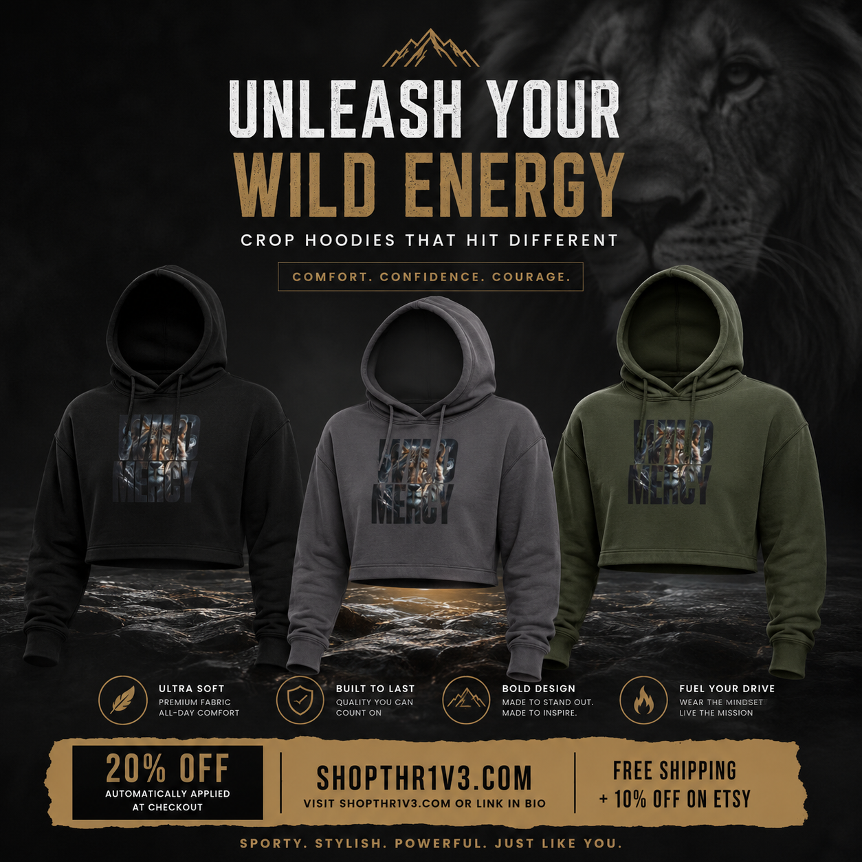 Lion Portrait Cropped Hoodie — Women's Urban Wildlife Graphic Hoodie