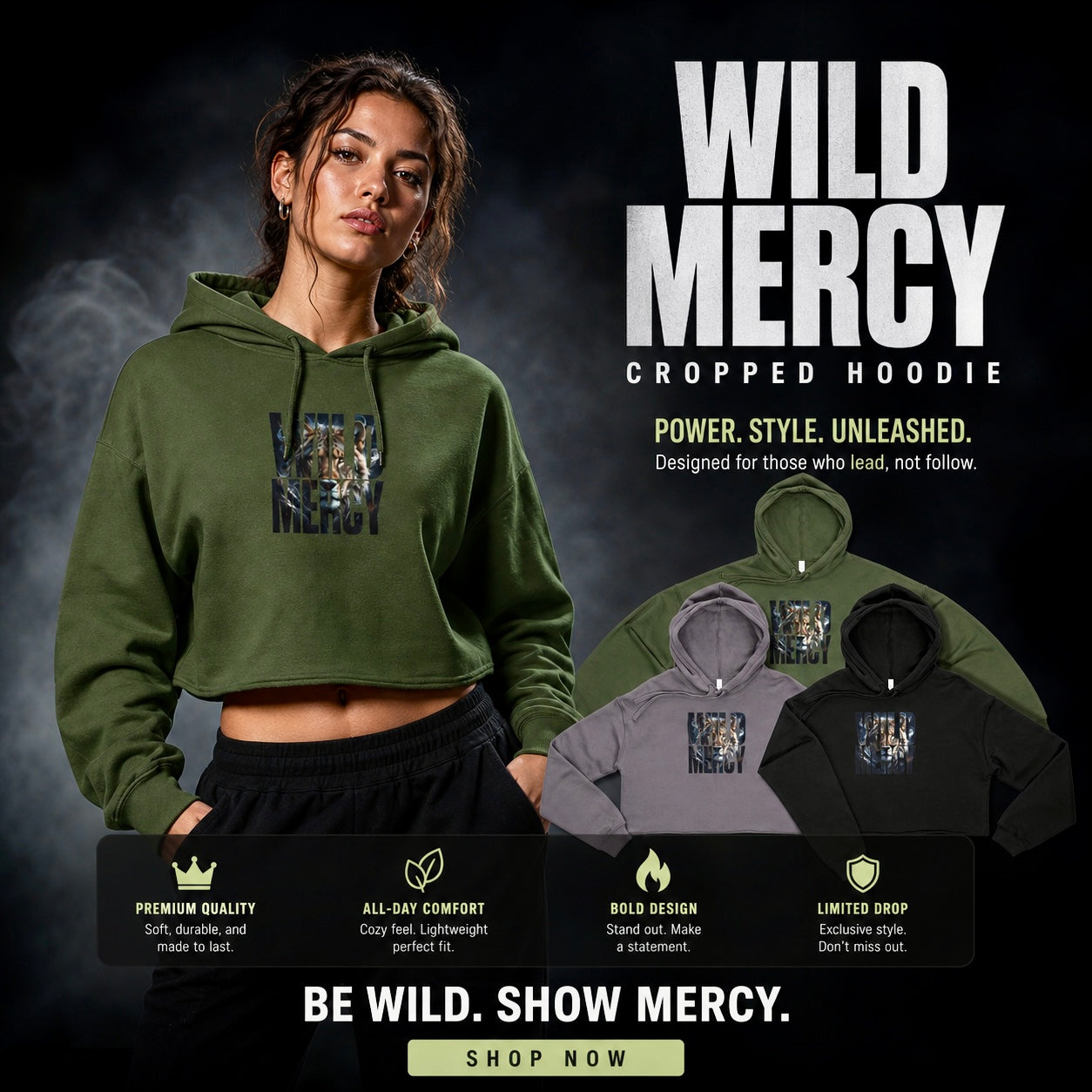 Lion Portrait Cropped Hoodie — Women's Urban Wildlife Graphic Hoodie