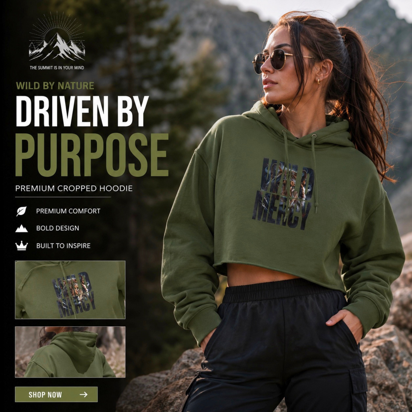 Lion Portrait Cropped Hoodie — Women's Urban Wildlife Graphic Hoodie