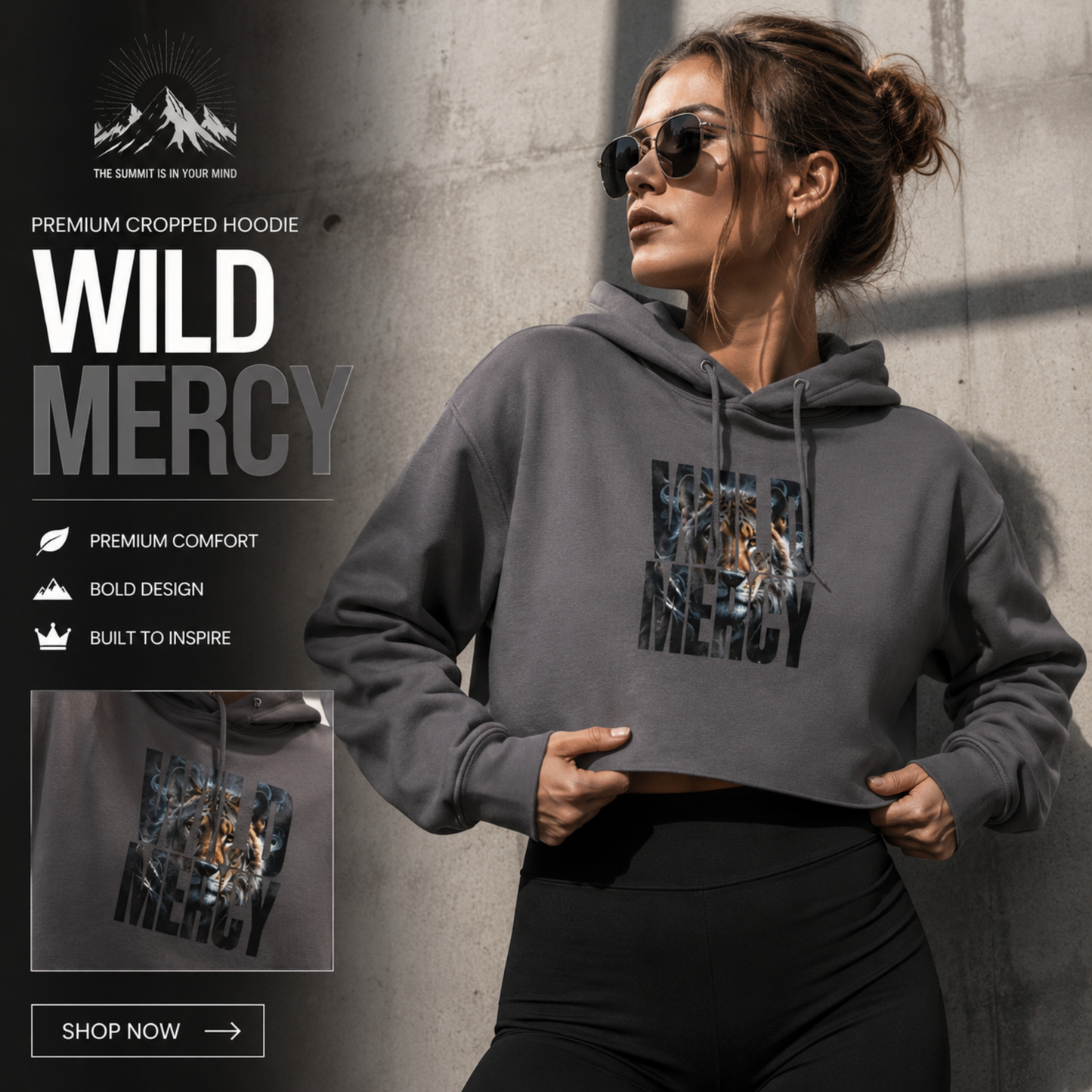 Lion Portrait Cropped Hoodie — Women's Urban Wildlife Graphic Hoodie