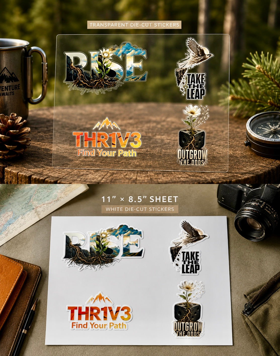 THR1V3 Motivational Sticker Sheet — Mountain & Growth Stickers