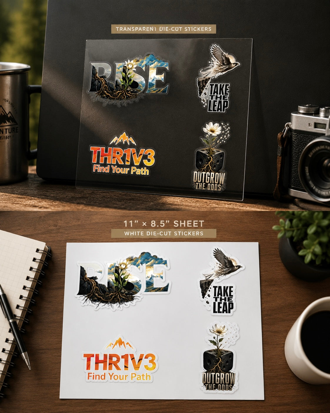 THR1V3 Motivational Sticker Sheet — Mountain & Growth Stickers