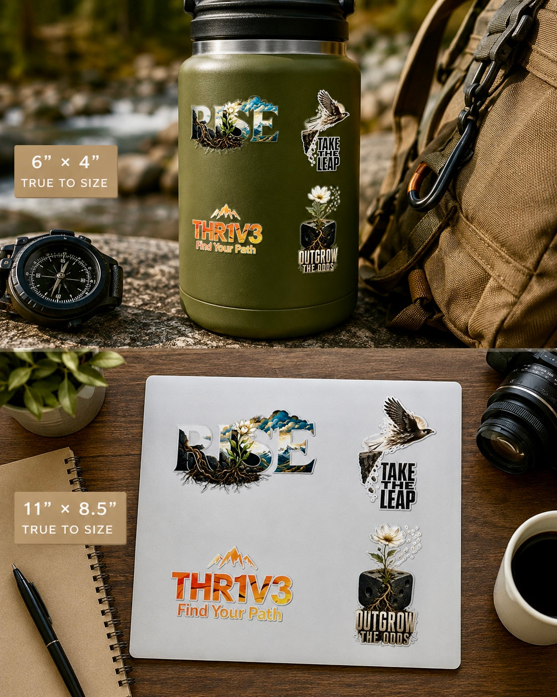 THR1V3 Motivational Sticker Sheet — Mountain & Growth Stickers