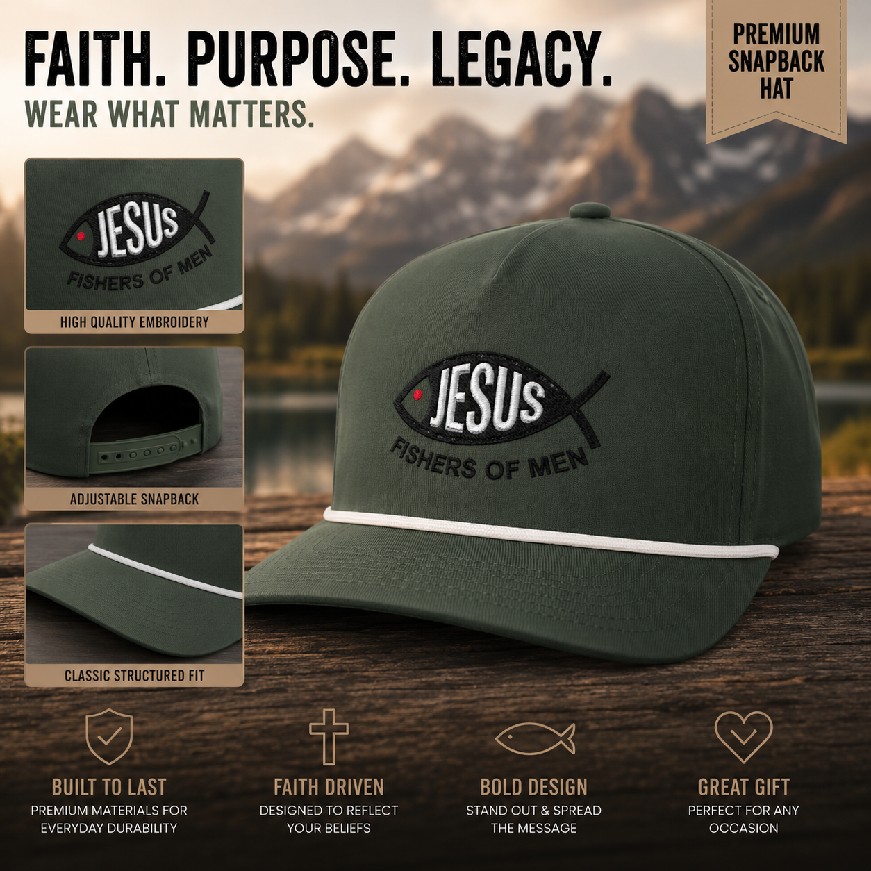 Jesus Fishers of Men Embroidered Performance Rope Cap | Premium Christian Snapback Hat