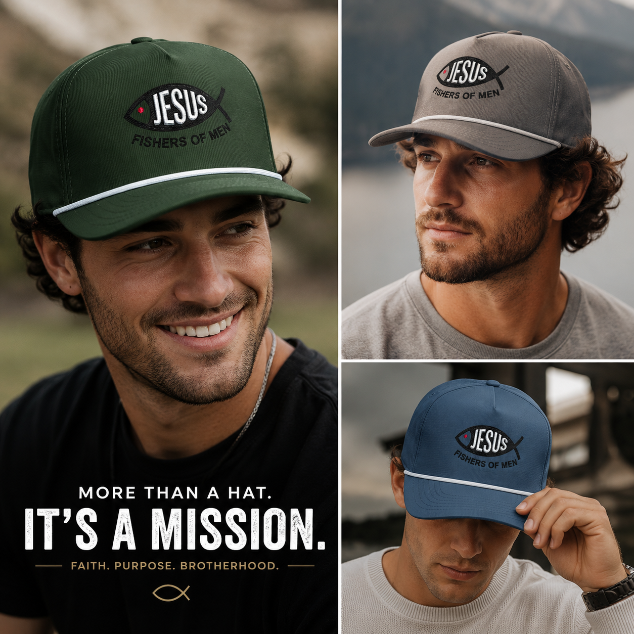 Jesus Fishers of Men Embroidered Performance Rope Cap | Premium Christian Snapback Hat