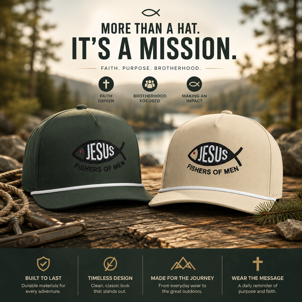 Jesus Fishers of Men Embroidered Performance Rope Cap | Premium Christian Snapback Hat