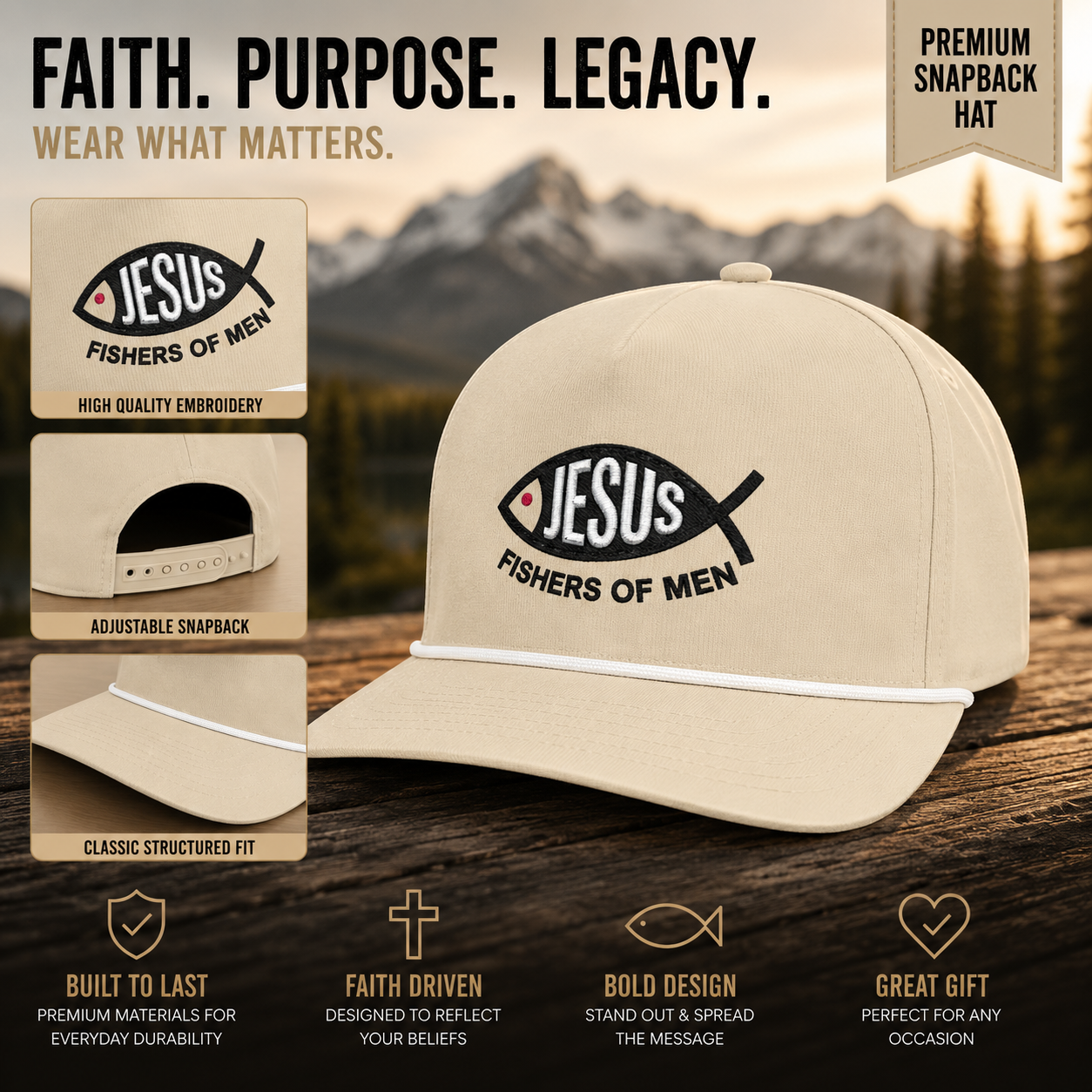 Jesus Fishers of Men Embroidered Performance Rope Cap | Premium Christian Snapback Hat