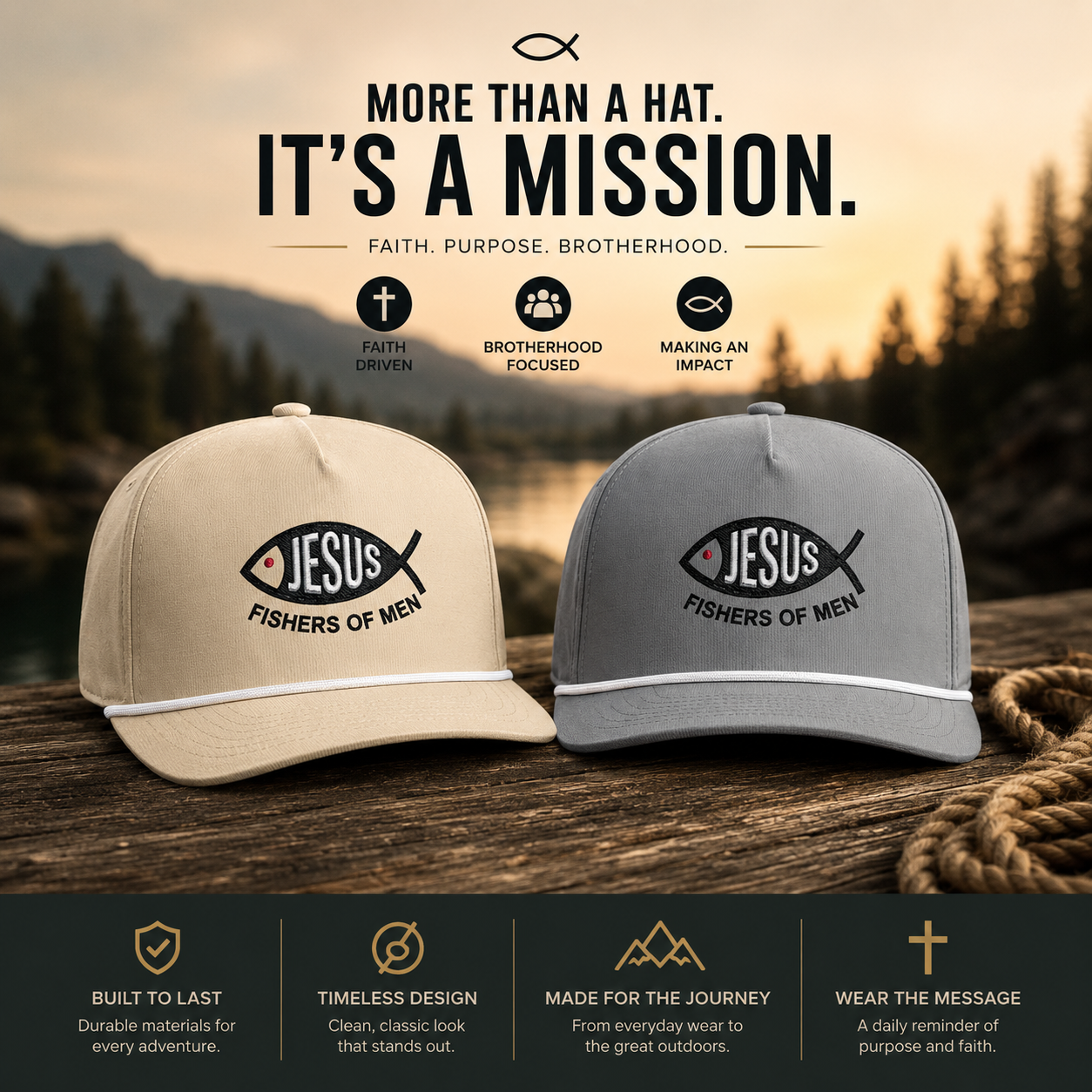 Jesus Fishers of Men Embroidered Performance Rope Cap | Premium Christian Snapback Hat