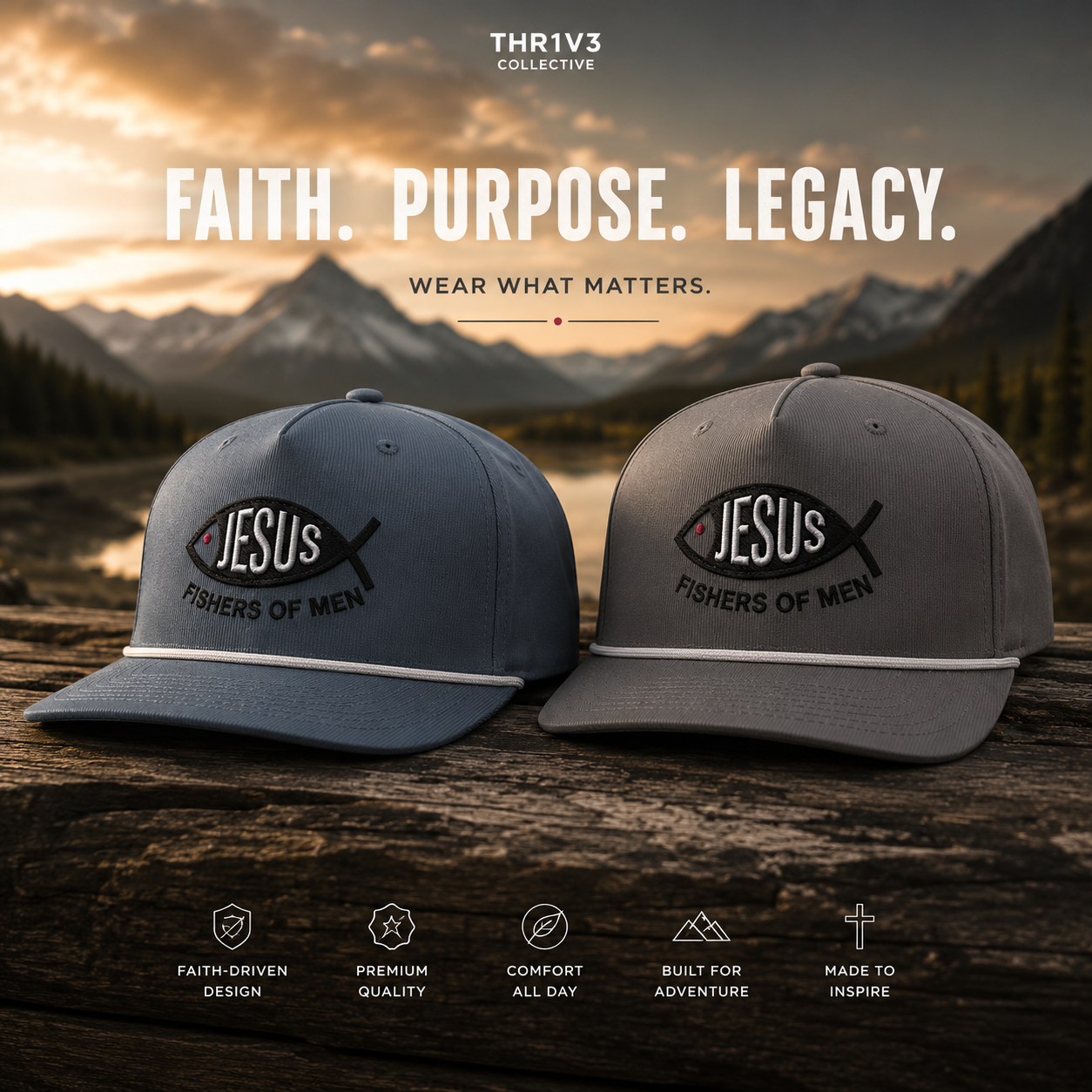 Jesus Fishers of Men Embroidered Performance Rope Cap | Premium Christian Snapback Hat