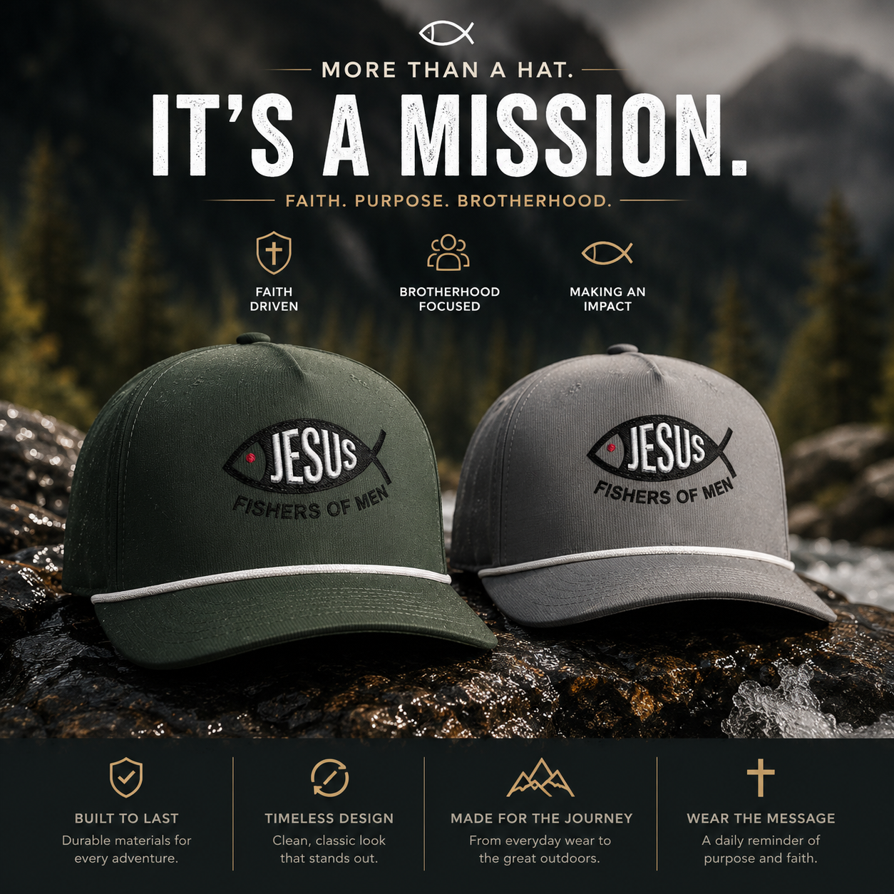 Jesus Fishers of Men Embroidered Performance Rope Cap | Premium Christian Snapback Hat