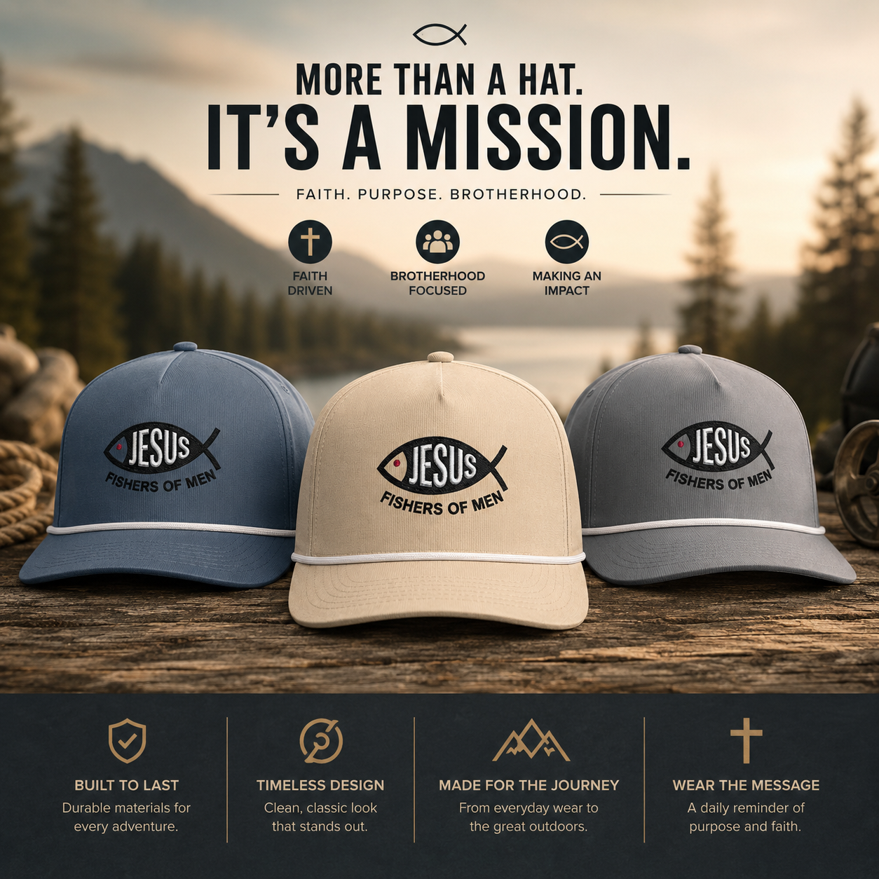 Jesus Fishers of Men Embroidered Performance Rope Cap | Premium Christian Snapback Hat