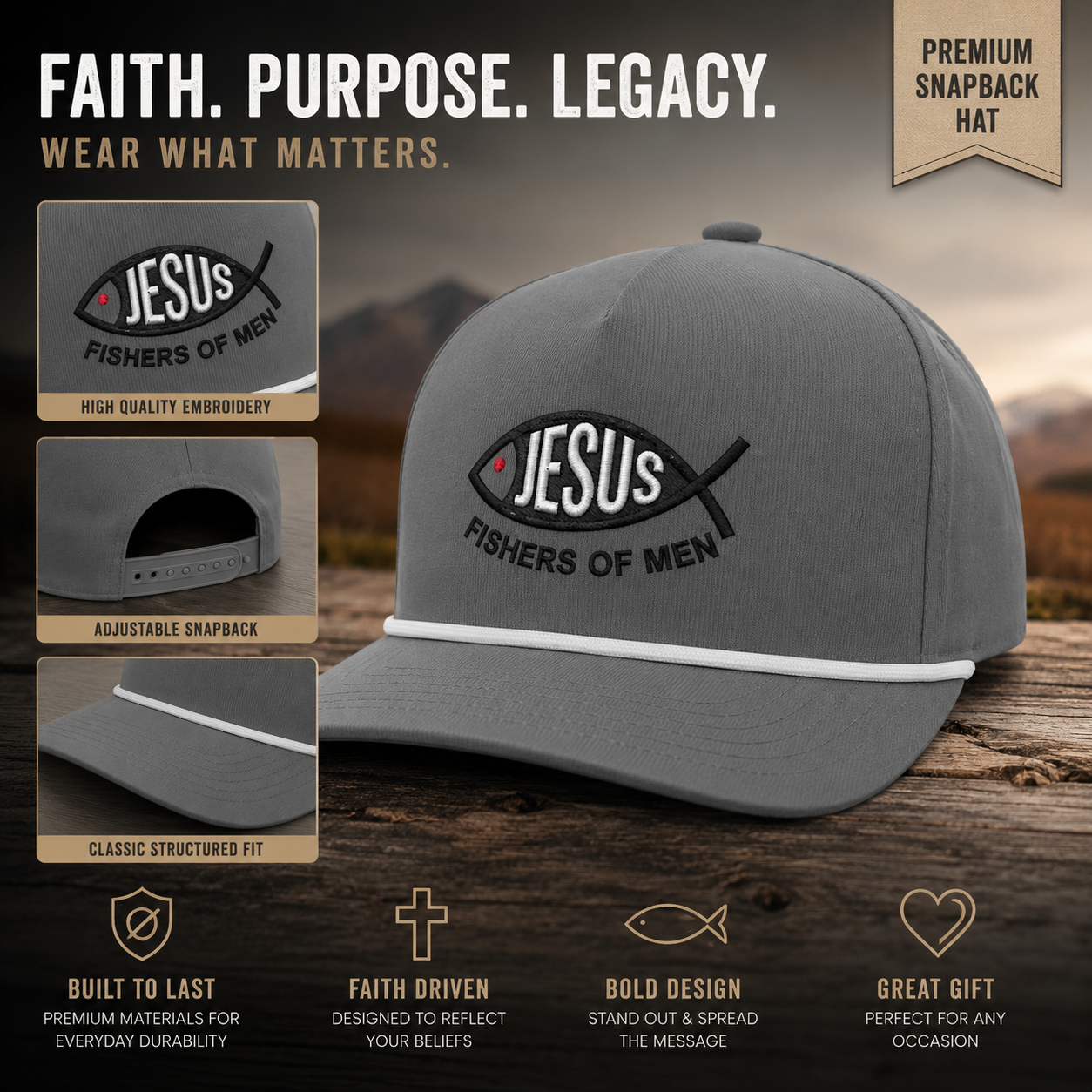Jesus Fishers of Men Embroidered Performance Rope Cap | Premium Christian Snapback Hat