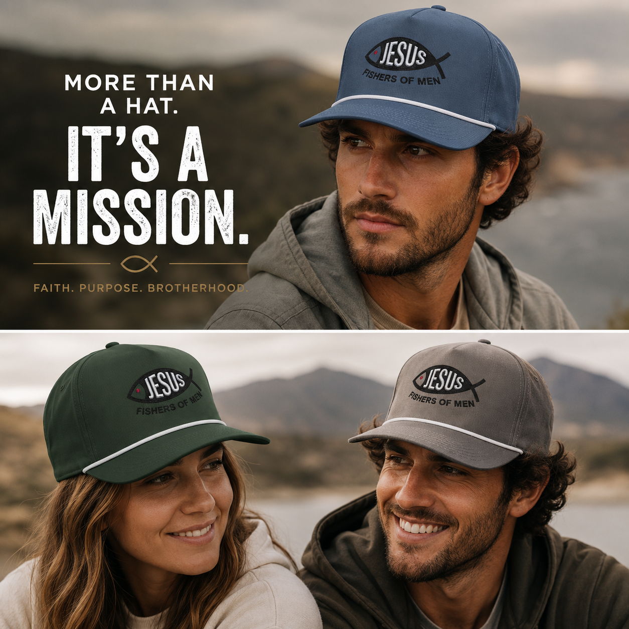 Jesus Fishers of Men Embroidered Performance Rope Cap | Premium Christian Snapback Hat