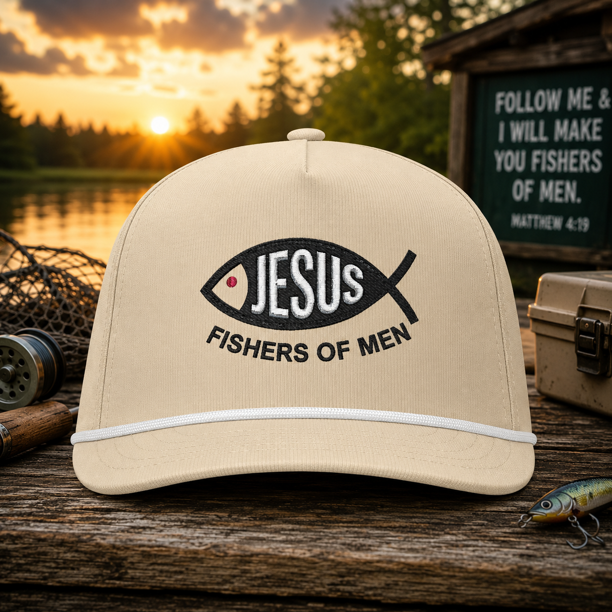 Jesus Fishers of Men Embroidered Performance Rope Cap | Premium Christian Snapback Hat