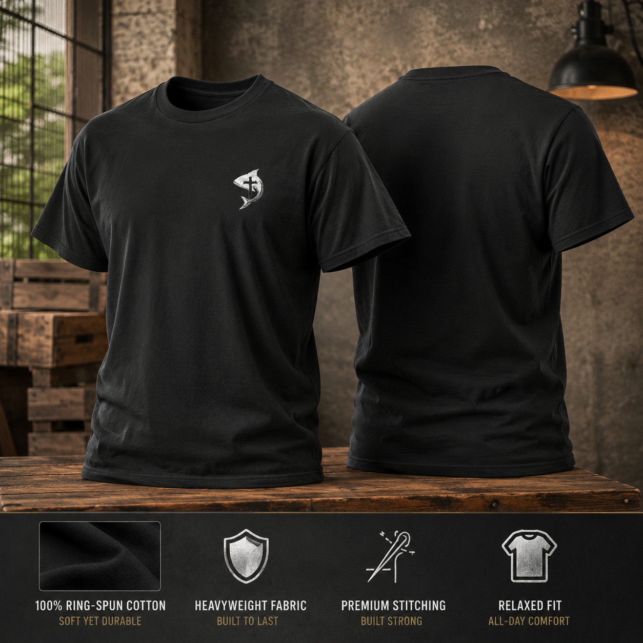 Christian Ichthys Fish Cross Left Chest Tee – Faith Based T-Shirt