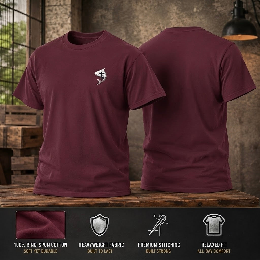 Christian Ichthys Fish Cross Left Chest Tee – Faith Based T-Shirt