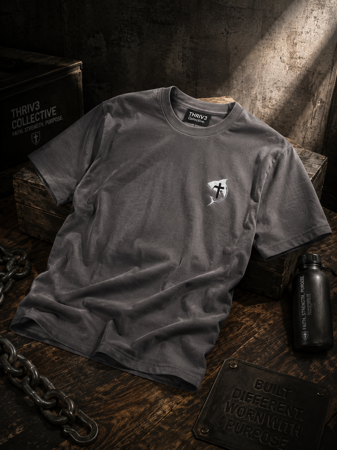 Christian Ichthys Fish Cross Left Chest Tee – Faith Based T-Shirt