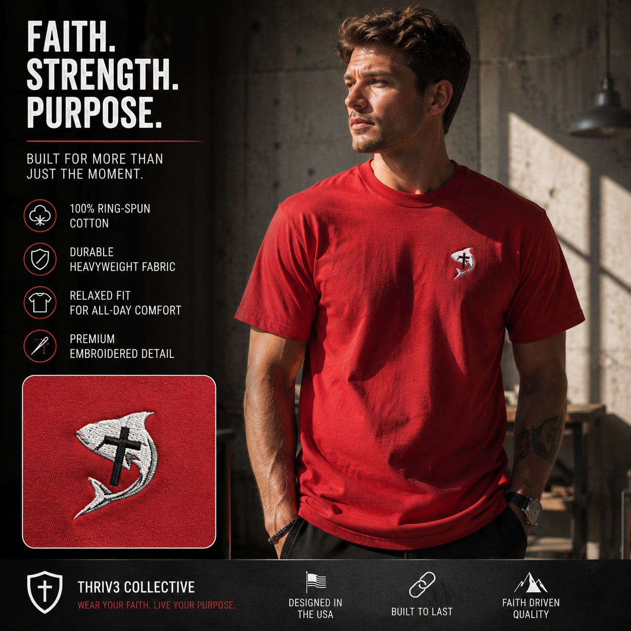 Christian Ichthys Fish Cross Left Chest Tee – Faith Based T-Shirt