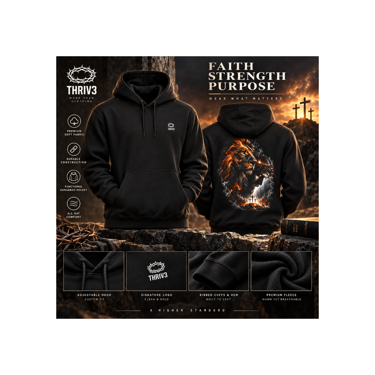 Christian Lion & Cross Fleece Hoodie — Faith Graphic Pullover