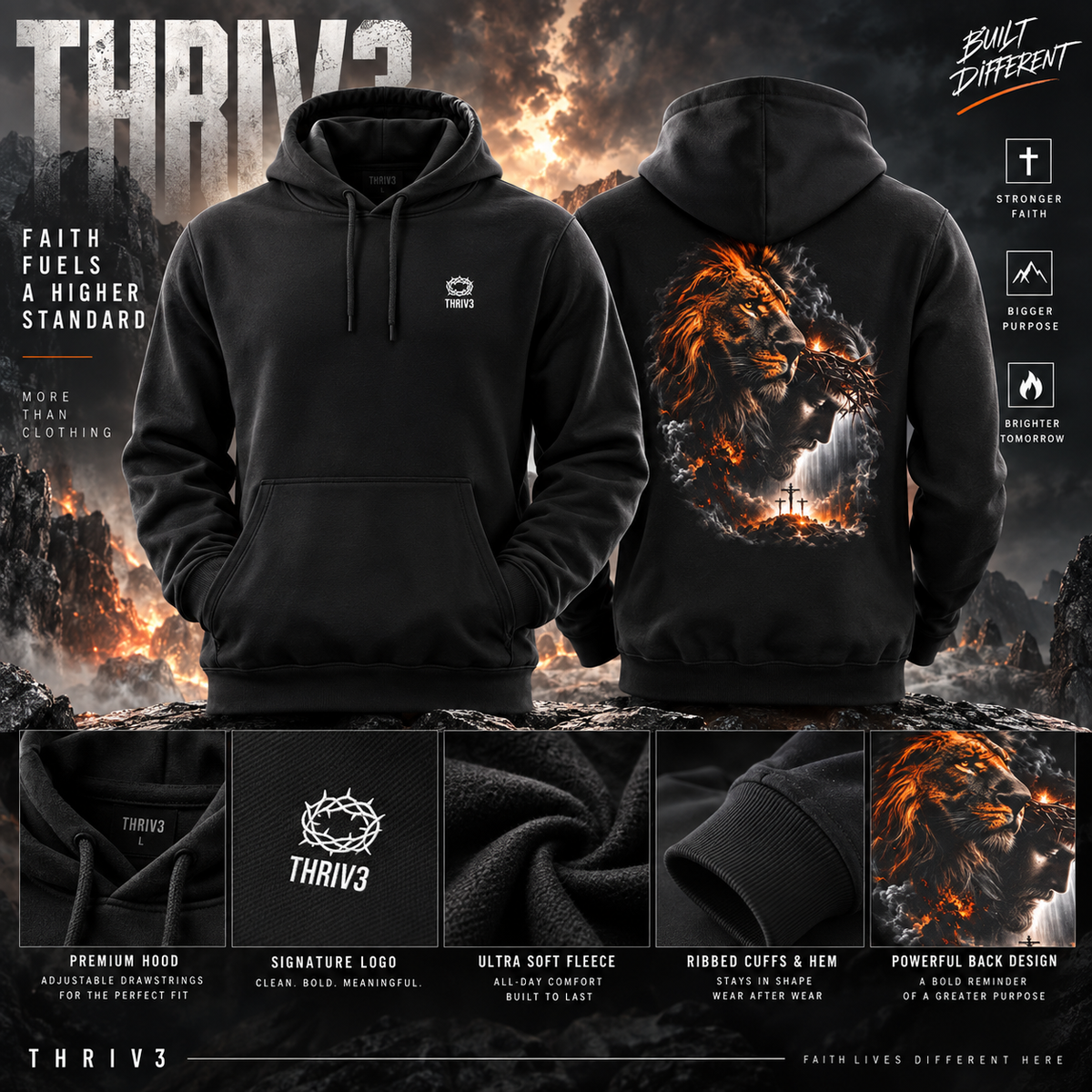 Christian Lion & Cross Fleece Hoodie — Faith Graphic Pullover