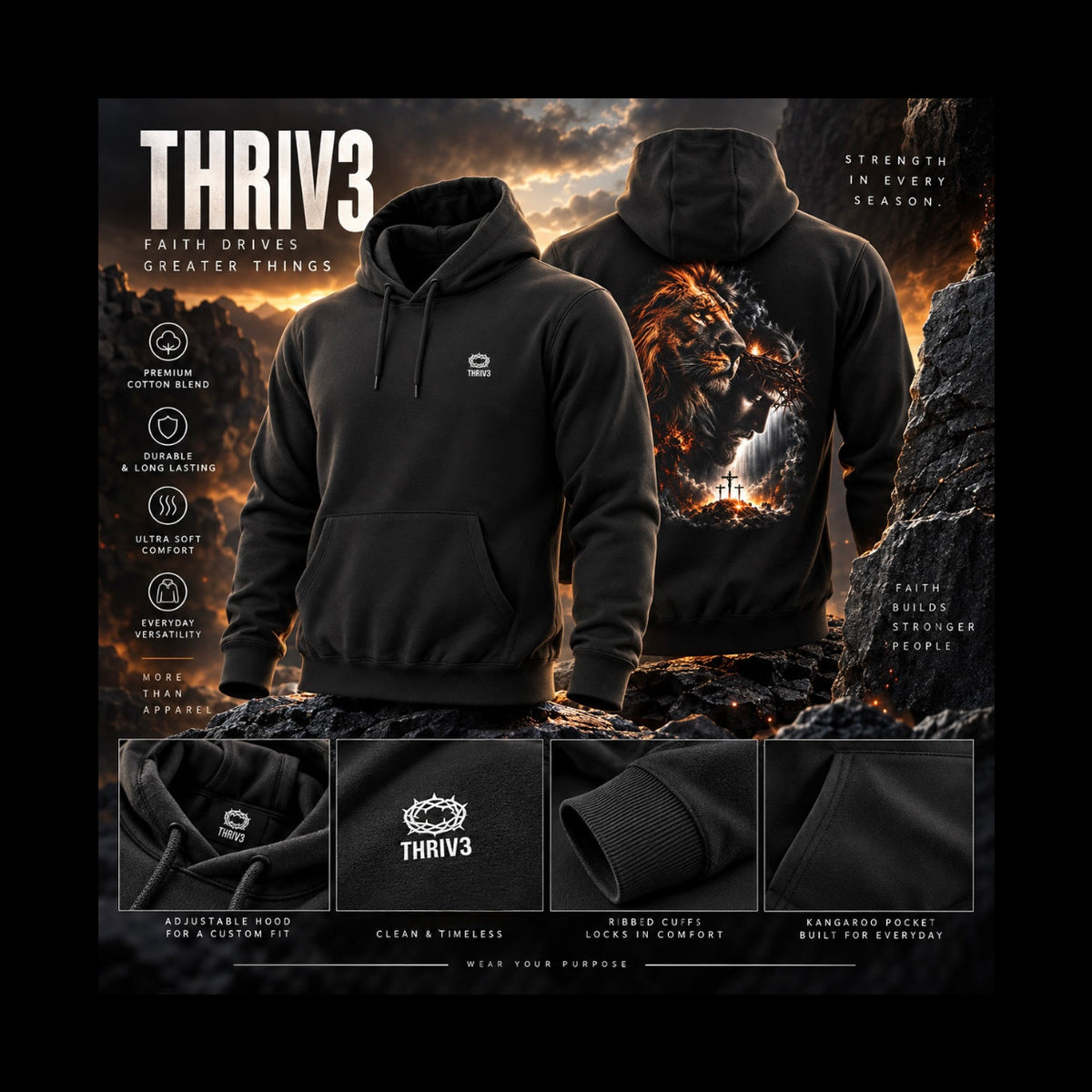 Christian Lion & Cross Fleece Hoodie — Faith Graphic Pullover