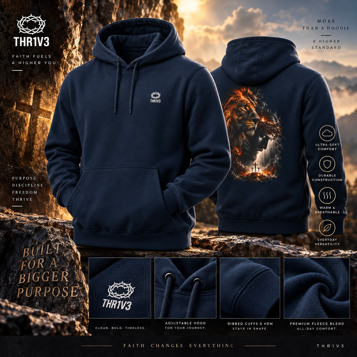 Christian Lion & Cross Fleece Hoodie — Faith Graphic Pullover