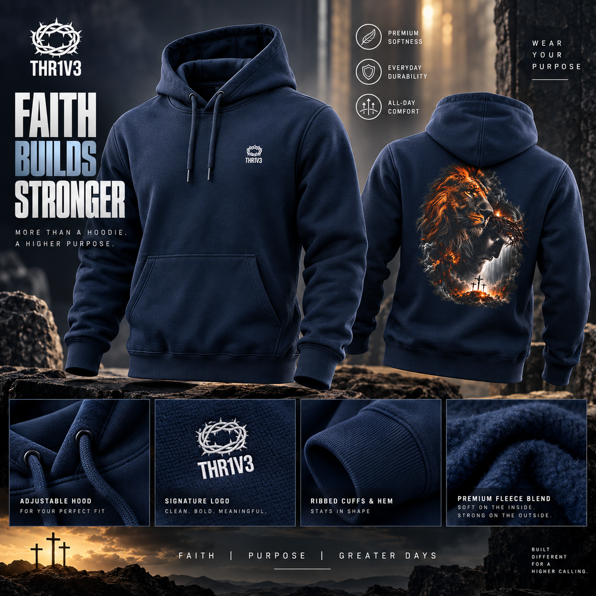 Christian Lion & Cross Fleece Hoodie — Faith Graphic Pullover